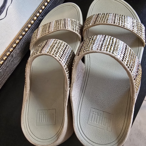 FitFlop Women's Flare Strobe Gold Toned Crystals Jewel Slide Sandals 8 - Picture 8 of 9